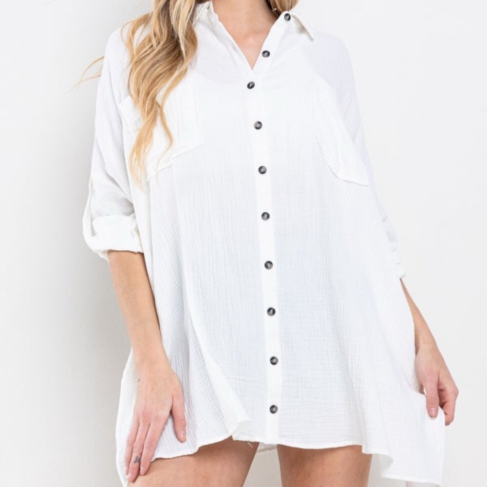 Ces Femme White Oversized 100% Cotton Gauze 3/4 Roll Sleeve Boyfriend Shirt